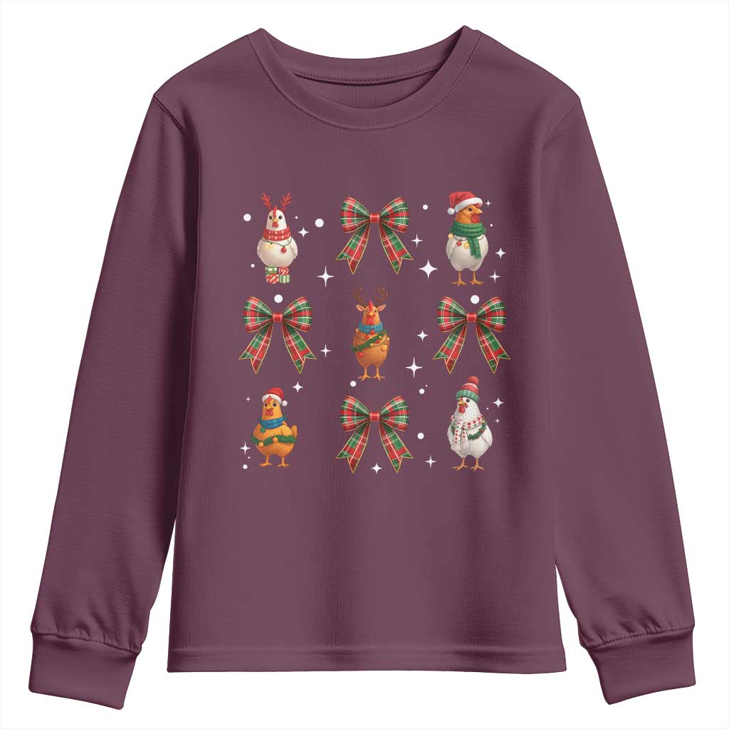 Cute Christmas Chicken With Xmas Coquette Bow Youth Sweatshirt - Wonder Print Shop