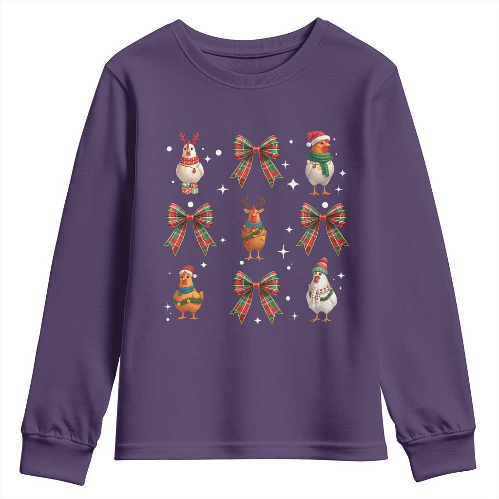 Cute Christmas Chicken With Xmas Coquette Bow Youth Sweatshirt - Wonder Print Shop