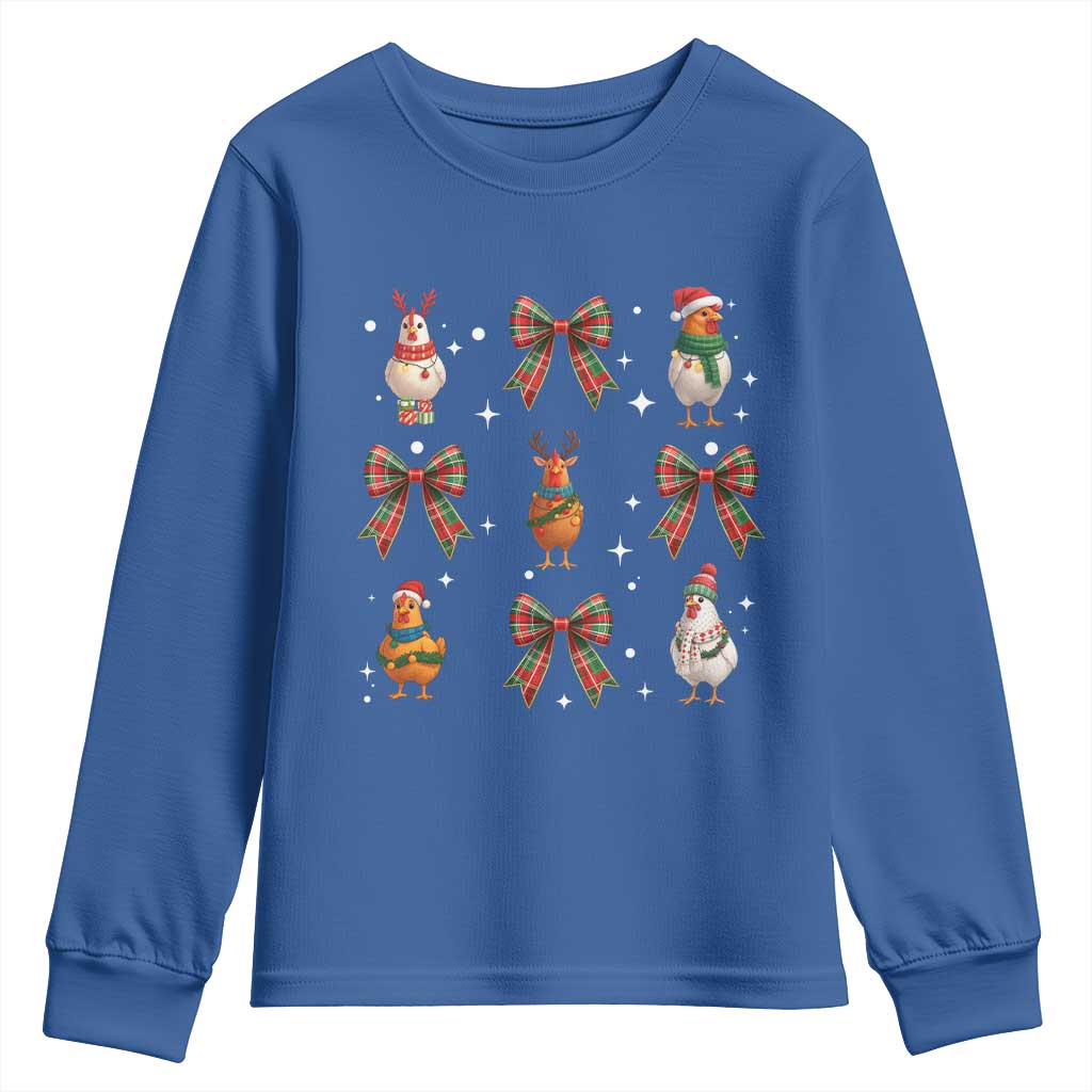Cute Christmas Chicken With Xmas Coquette Bow Youth Sweatshirt - Wonder Print Shop