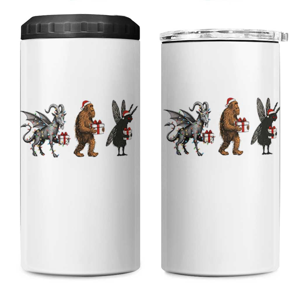 Christmas Cryptid Gift 4 in 1 Can Cooler Tumbler Bigfoot Jersey Devil Mothman Santa