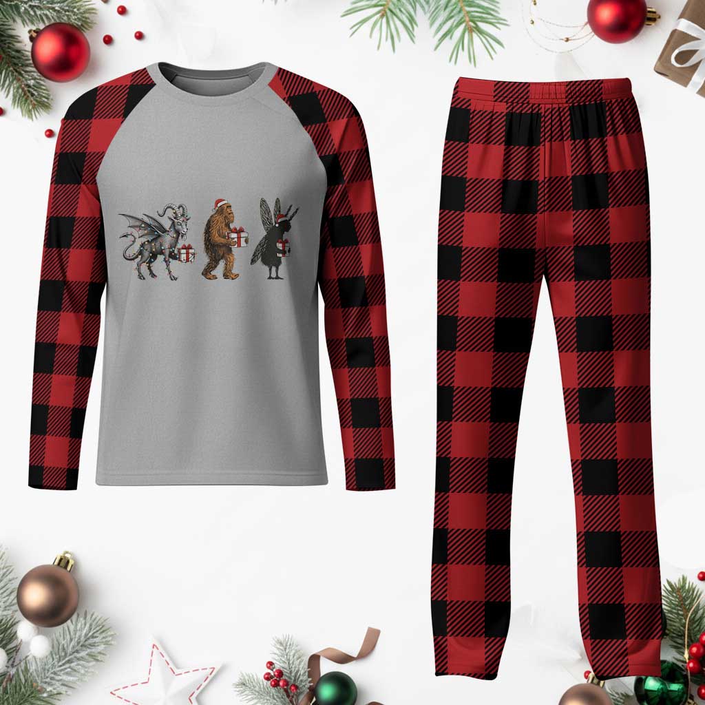 Xmas Cryptid Gift Plaid Pajama Set Bigfoot Jersey Devil Mothman Santa - Wonder Print Shop
