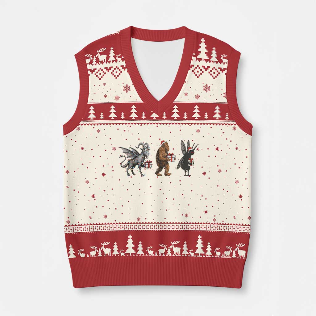 Xmas Cryptid Gift V-Neck Knit Sweater Vest Bigfoot Jersey Devil Mothman Santa - Wonder Print Shop