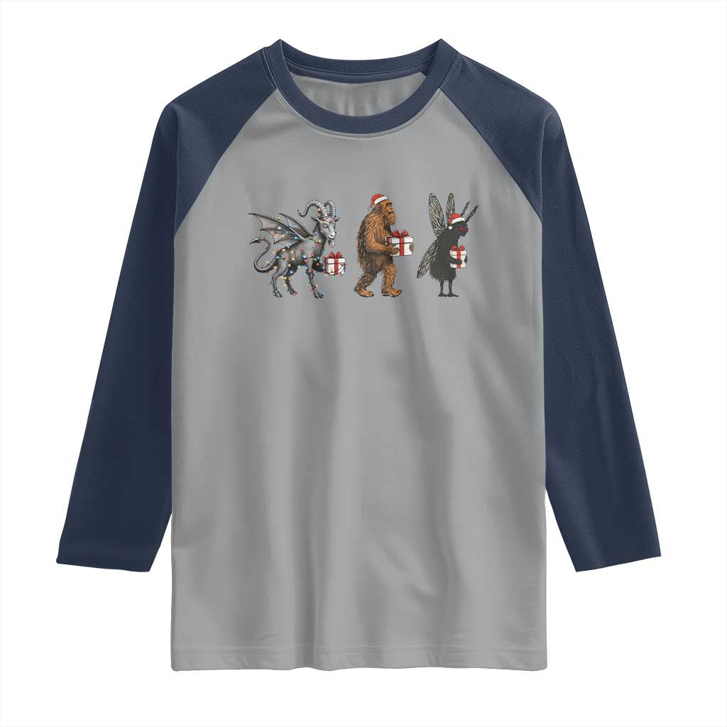 Christmas Cryptid Gift Raglan Shirt Bigfoot Jersey Devil Mothman Santa - Wonder Print Shop