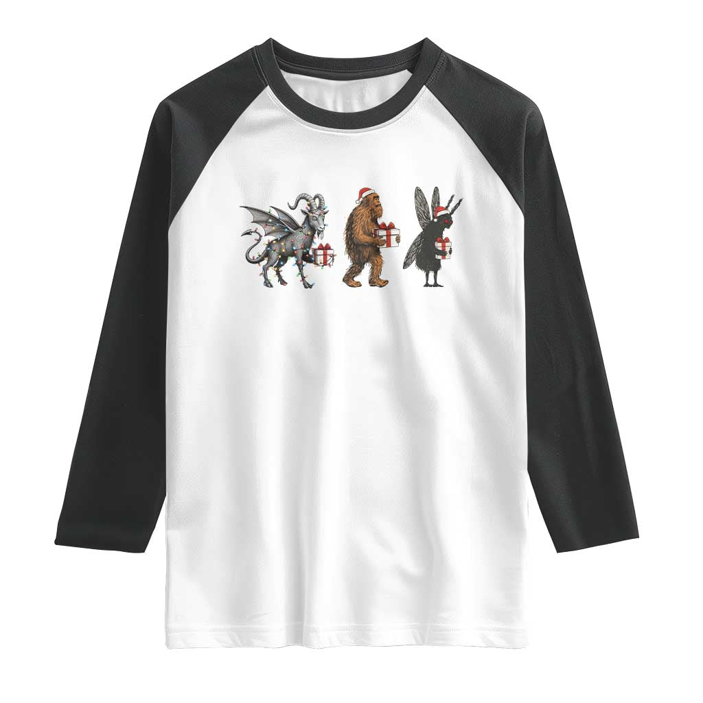 Christmas Cryptid Gift Raglan Shirt Bigfoot Jersey Devil Mothman Santa - Wonder Print Shop