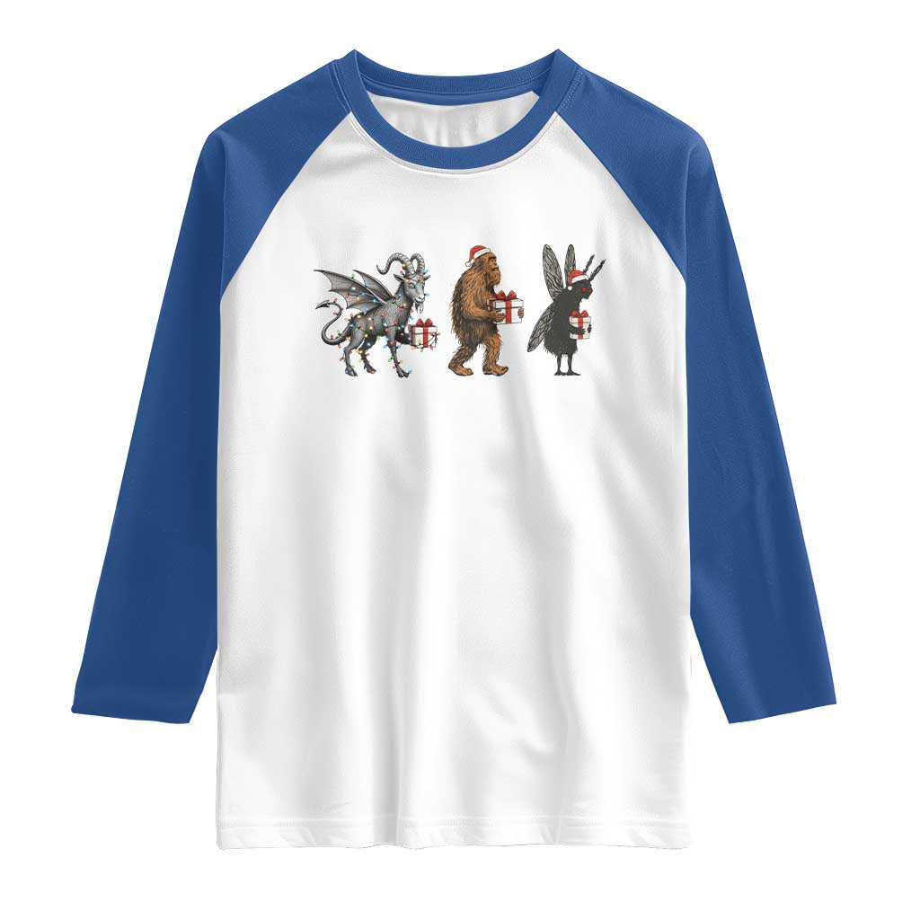 Christmas Cryptid Gift Raglan Shirt Bigfoot Jersey Devil Mothman Santa - Wonder Print Shop