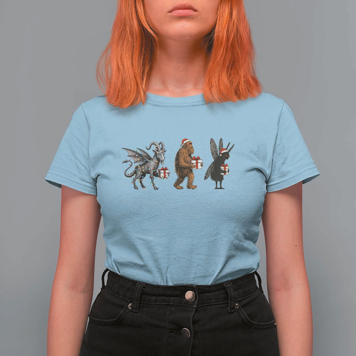 Christmas Cryptid Gift T Shirt For Women Bigfoot Jersey Devil Mothman Santa - Wonder Print Shop