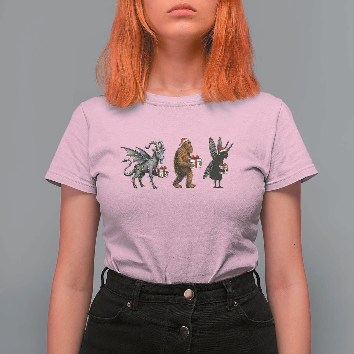 Christmas Cryptid Gift T Shirt For Women Bigfoot Jersey Devil Mothman Santa - Wonder Print Shop