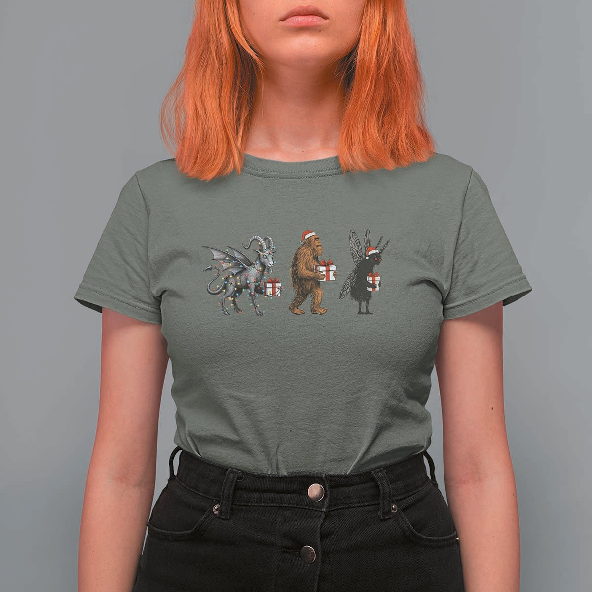 Christmas Cryptid Gift T Shirt For Women Bigfoot Jersey Devil Mothman Santa - Wonder Print Shop