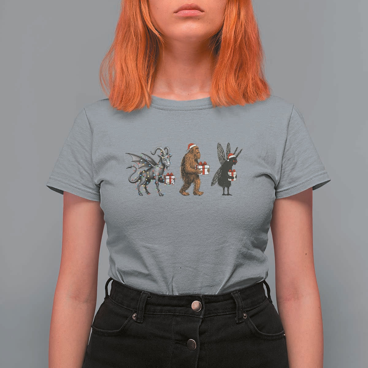 Christmas Cryptid Gift T Shirt For Women Bigfoot Jersey Devil Mothman Santa - Wonder Print Shop