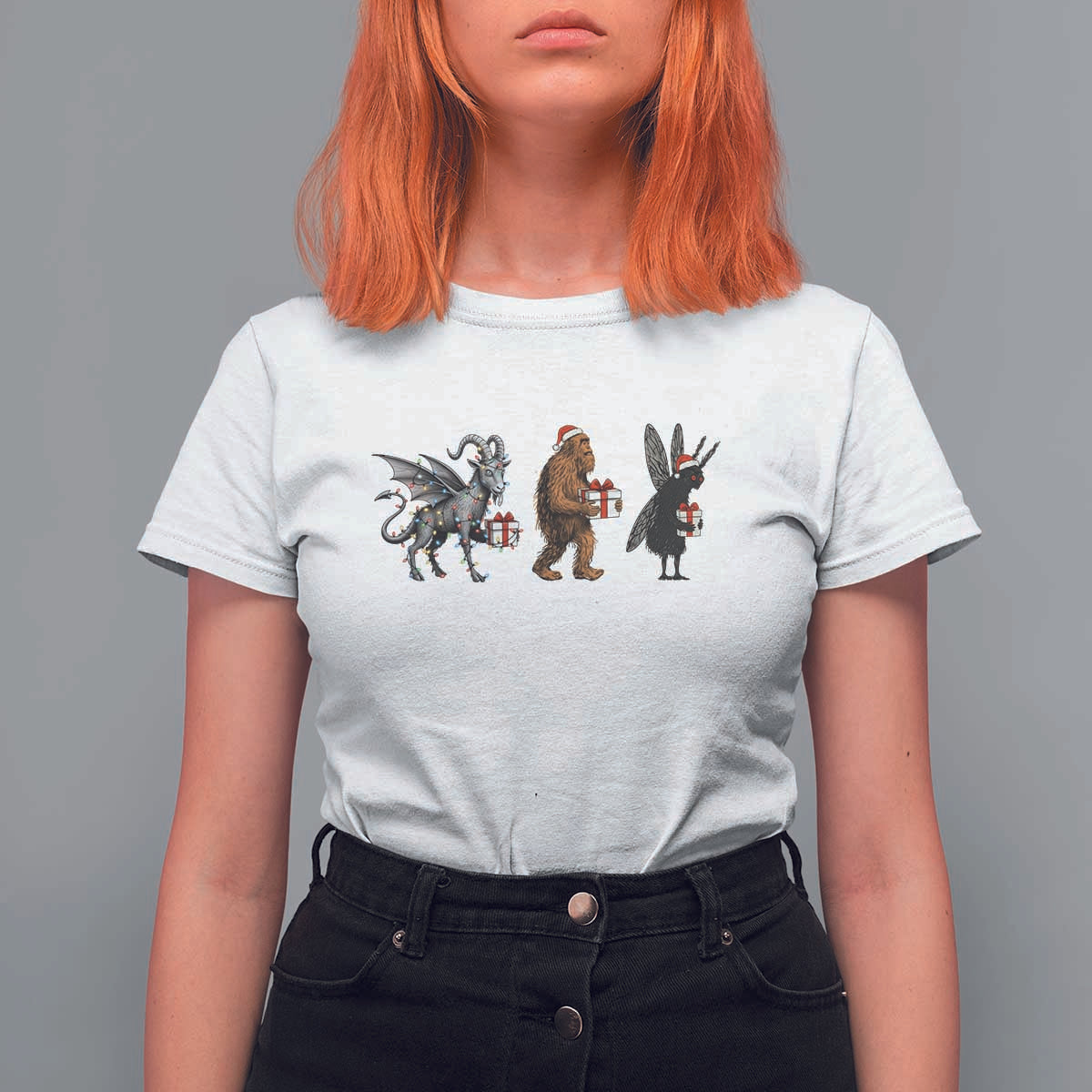 Christmas Cryptid Gift T Shirt For Women Bigfoot Jersey Devil Mothman Santa - Wonder Print Shop