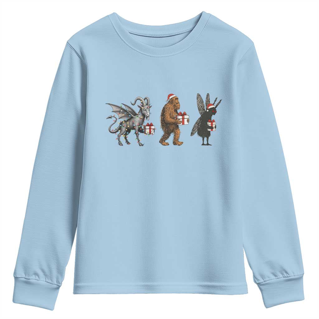 Christmas Cryptid Gift Youth Sweatshirt Bigfoot Jersey Devil Mothman Santa - Wonder Print Shop