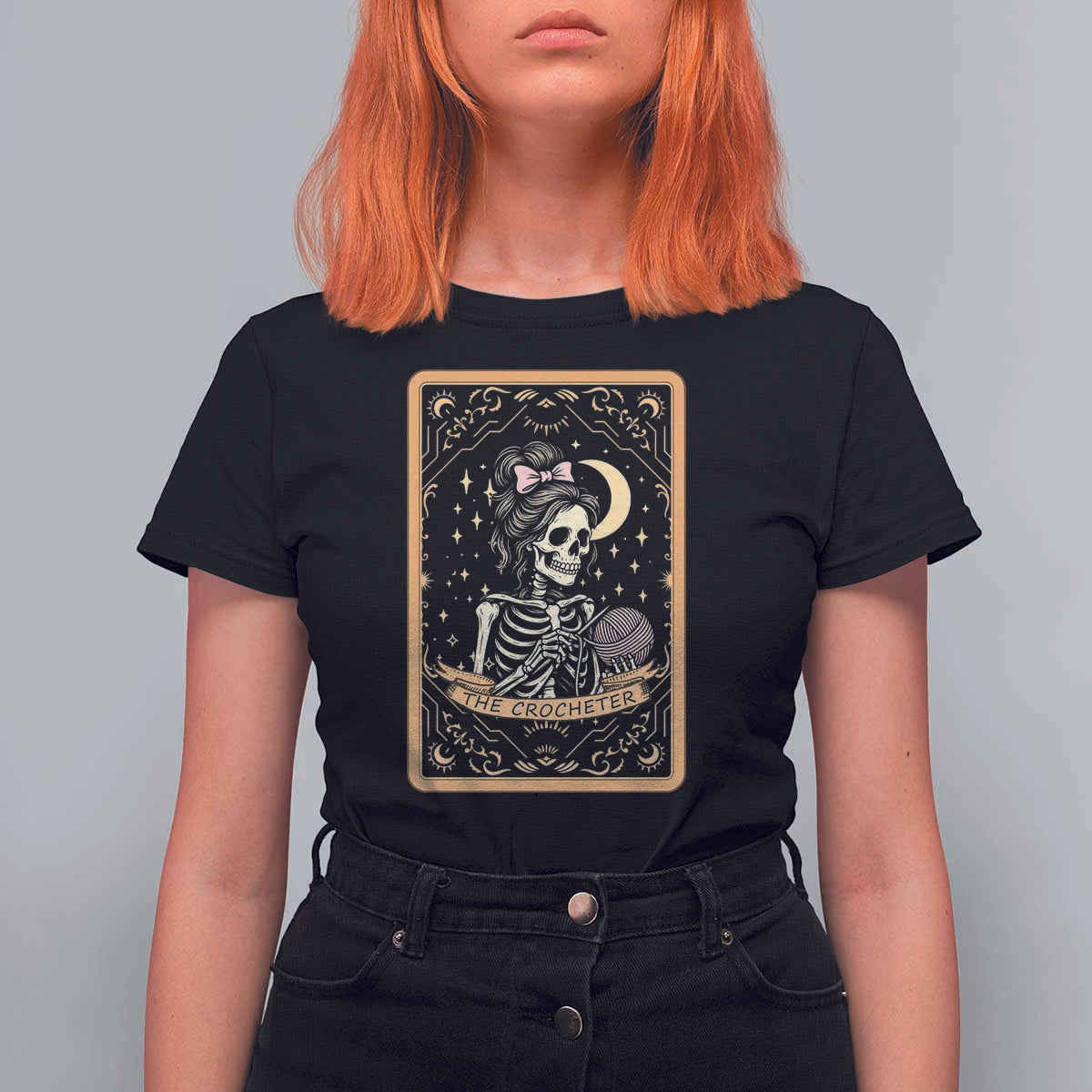 The Crocheter Skeleton T Shirt For Women Crochet Lover Gift Tarot Card Graphic - Wonder Print Shop