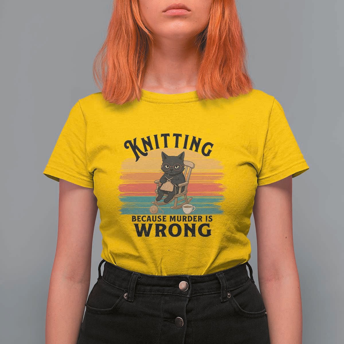 Funny Black Cat T Shirt For Women Knitting Because Murder Is Wrong Gift - Wonder Print Shop