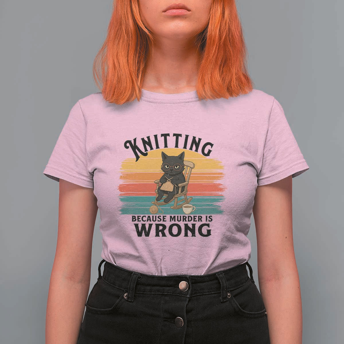 Funny Black Cat T Shirt For Women Knitting Because Murder Is Wrong Gift - Wonder Print Shop