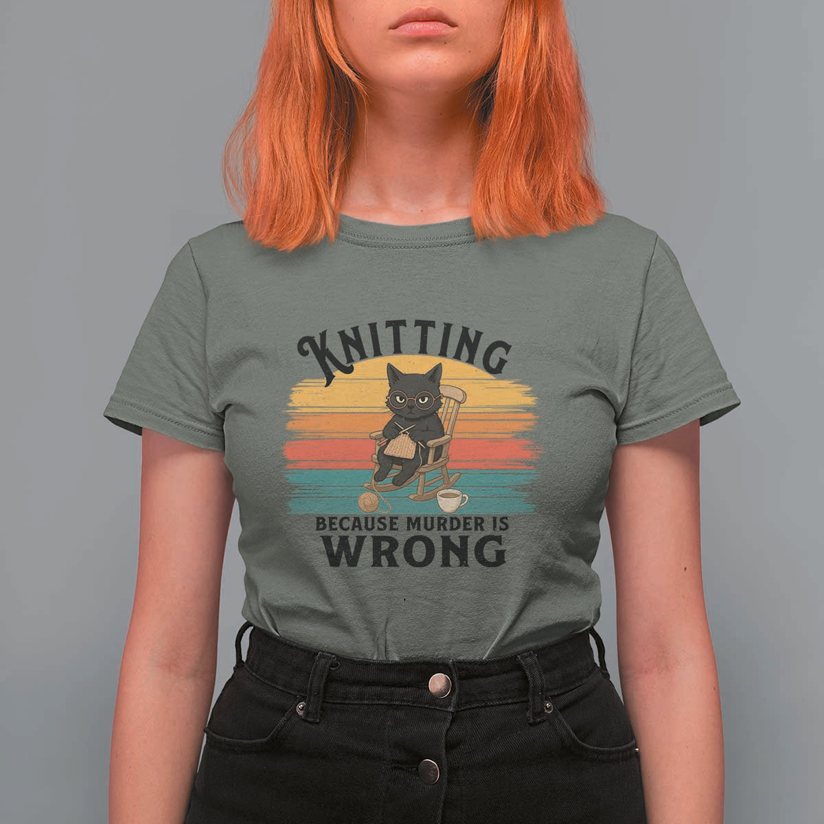 Funny Black Cat T Shirt For Women Knitting Because Murder Is Wrong Gift - Wonder Print Shop