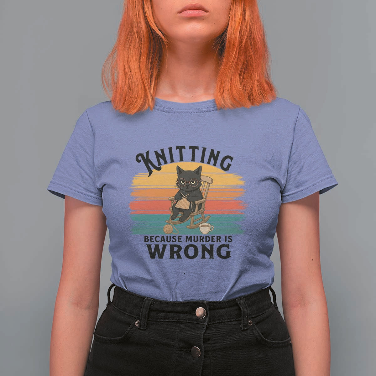 Funny Black Cat T Shirt For Women Knitting Because Murder Is Wrong Gift - Wonder Print Shop