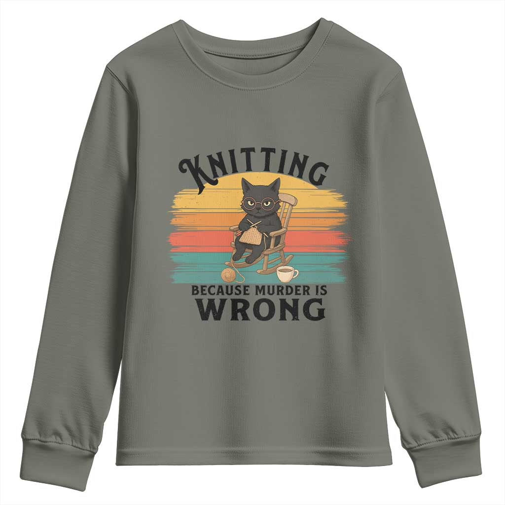 Funny Black Cat Youth Sweatshirt Knitting Because Murder Is Wrong Gift - Wonder Print Shop