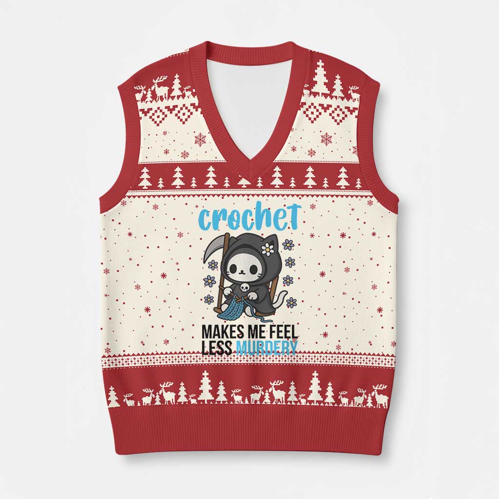 Crochet Makes Me Feel Less Murdery V-Neck Knit Sweater Vest Grim Reaper Cat Gift - Wonder Print Shop