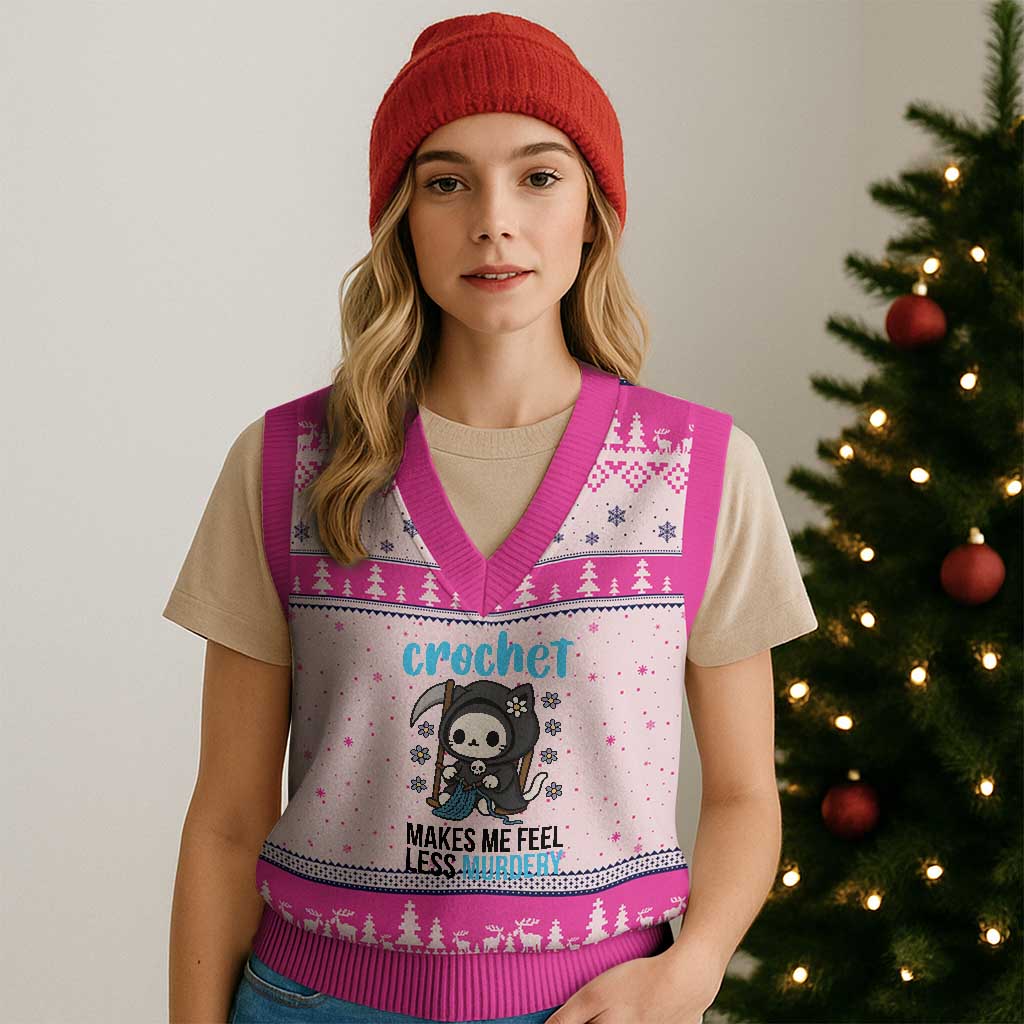 Crochet Makes Me Feel Less Murdery V-Neck Knit Sweater Vest Grim Reaper Cat Gift - Wonder Print Shop