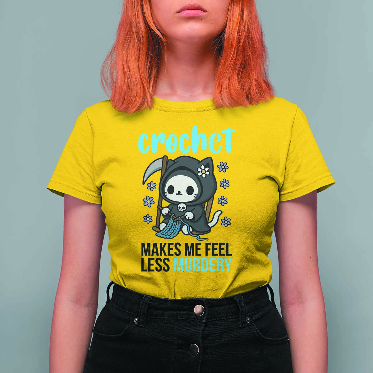 Crochet Makes Me Feel Less Murdery T Shirt For Women Grim Reaper Cat Gift - Wonder Print Shop