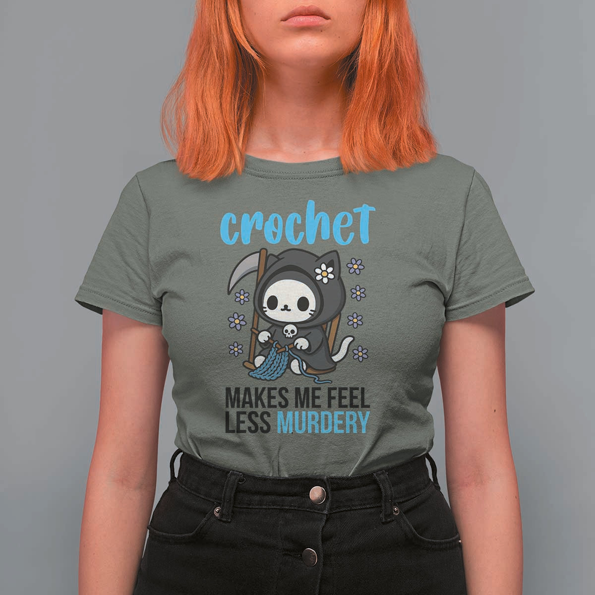 Crochet Makes Me Feel Less Murdery T Shirt For Women Grim Reaper Cat Gift - Wonder Print Shop