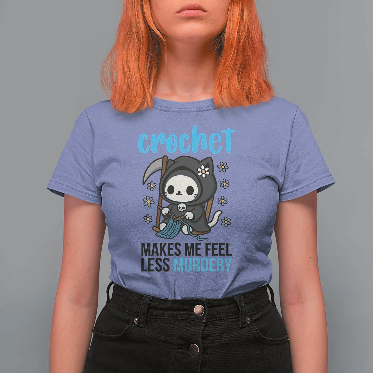 Crochet Makes Me Feel Less Murdery T Shirt For Women Grim Reaper Cat Gift - Wonder Print Shop
