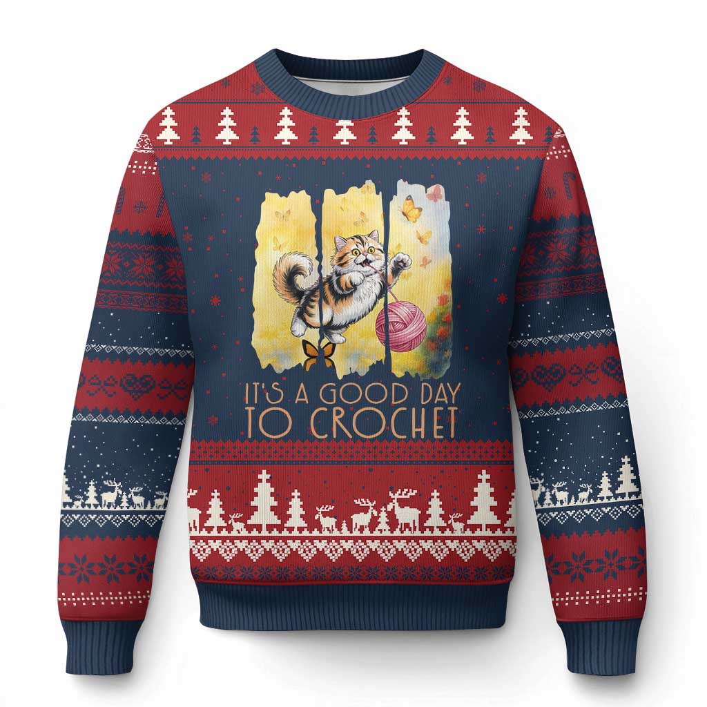 It’s A Good Day To Crochet Ugly Christmas Sweater Cute Cat Chasing Yarn - Wonder Print Shop