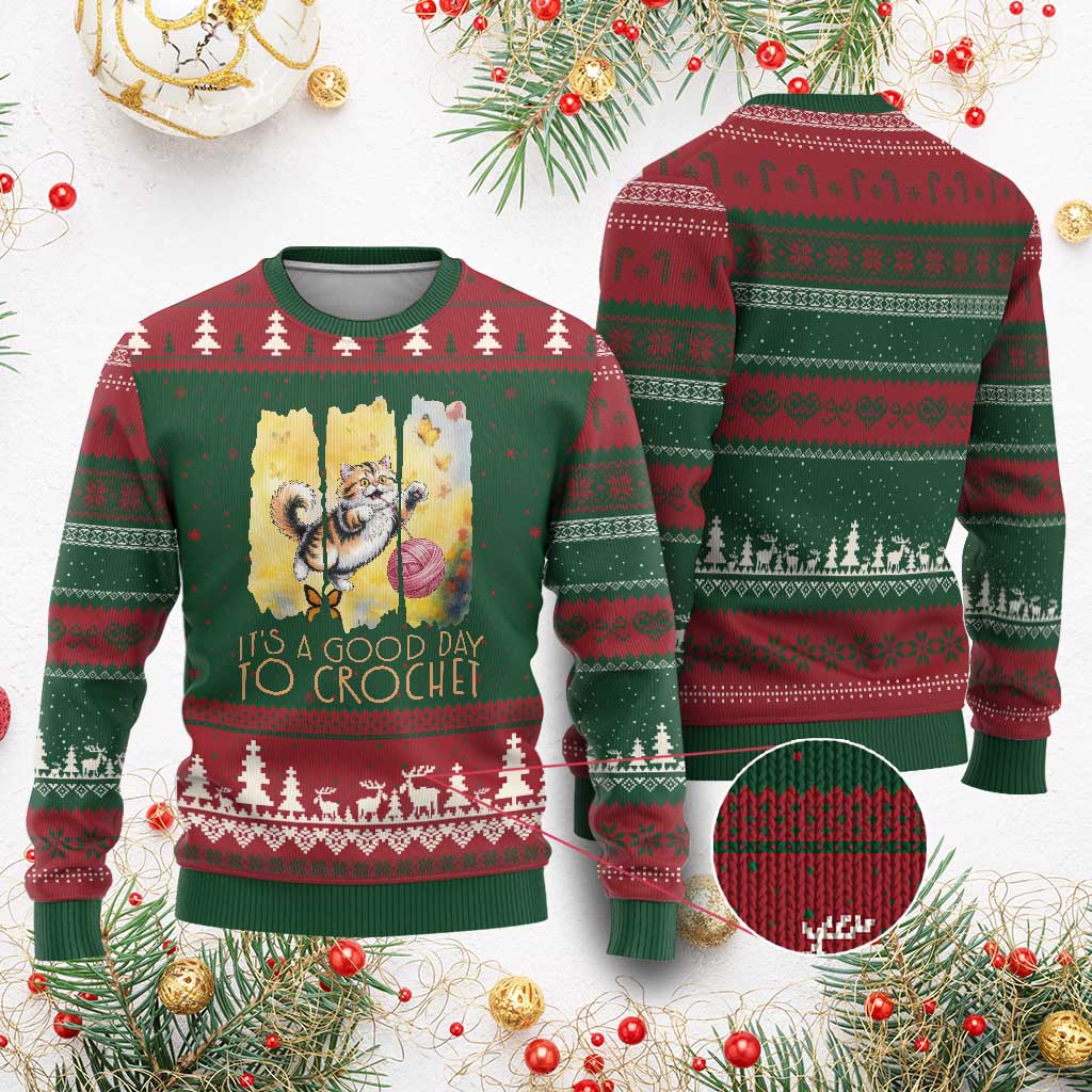 It’s A Good Day To Crochet Ugly Christmas Sweater Cute Cat Chasing Yarn - Wonder Print Shop