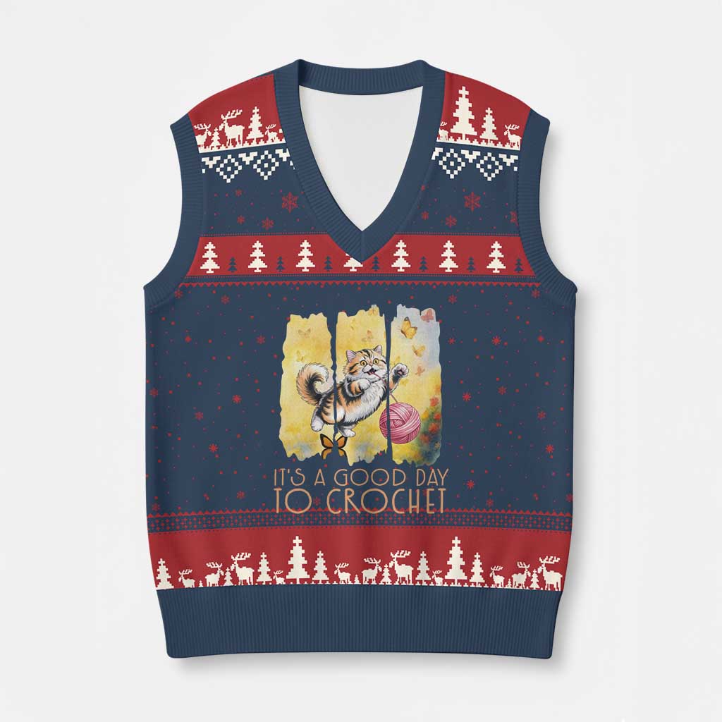 It’s A Good Day To Crochet V-Neck Knit Sweater Vest Cute Cat Chasing Yarn - Wonder Print Shop