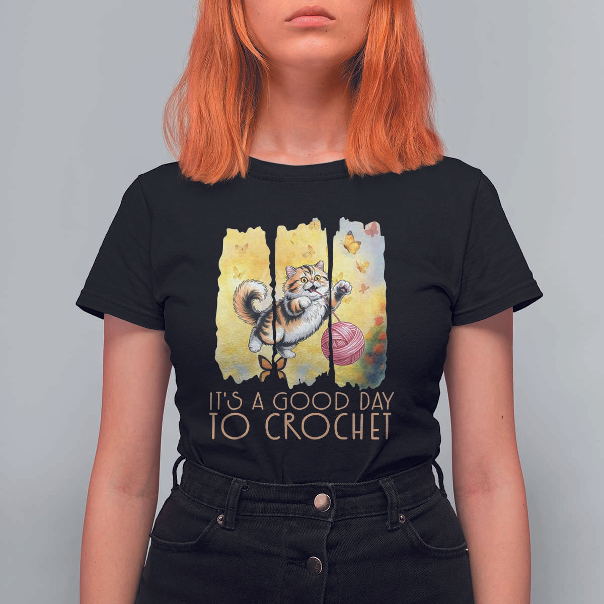 It’s A Good Day To Crochet T Shirt For Women Cute Cat Chasing Yarn - Wonder Print Shop