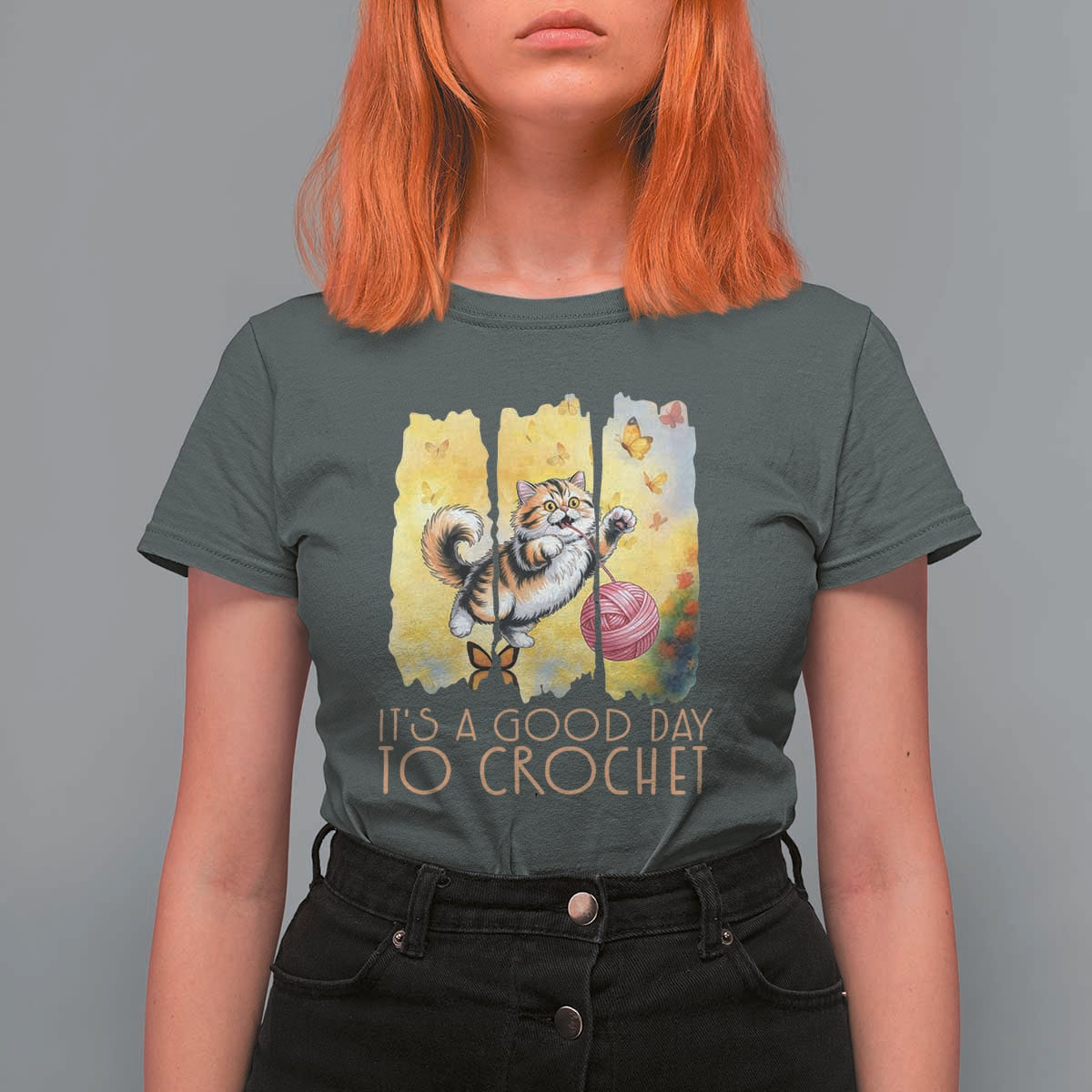 It’s A Good Day To Crochet T Shirt For Women Cute Cat Chasing Yarn - Wonder Print Shop