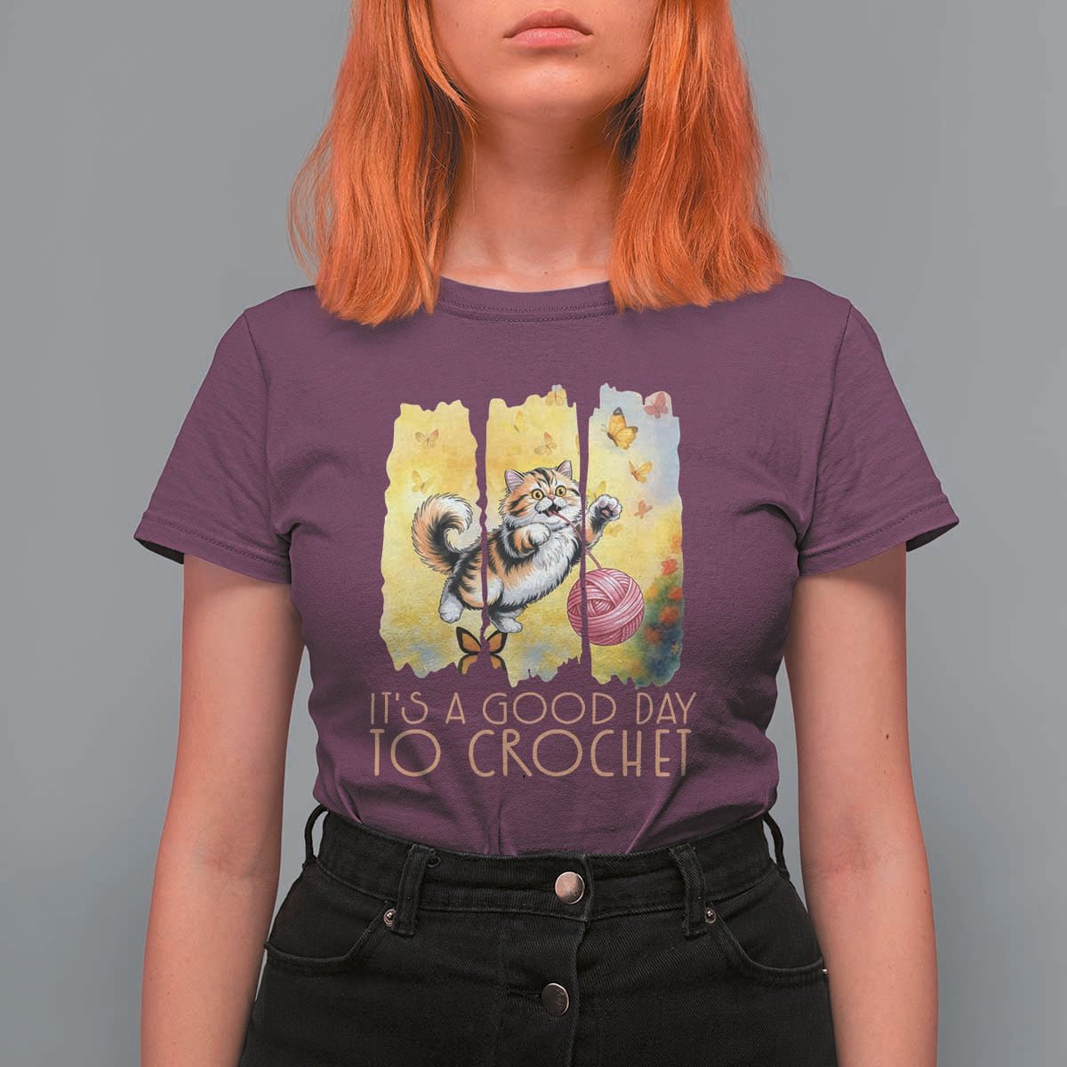 It’s A Good Day To Crochet T Shirt For Women Cute Cat Chasing Yarn - Wonder Print Shop
