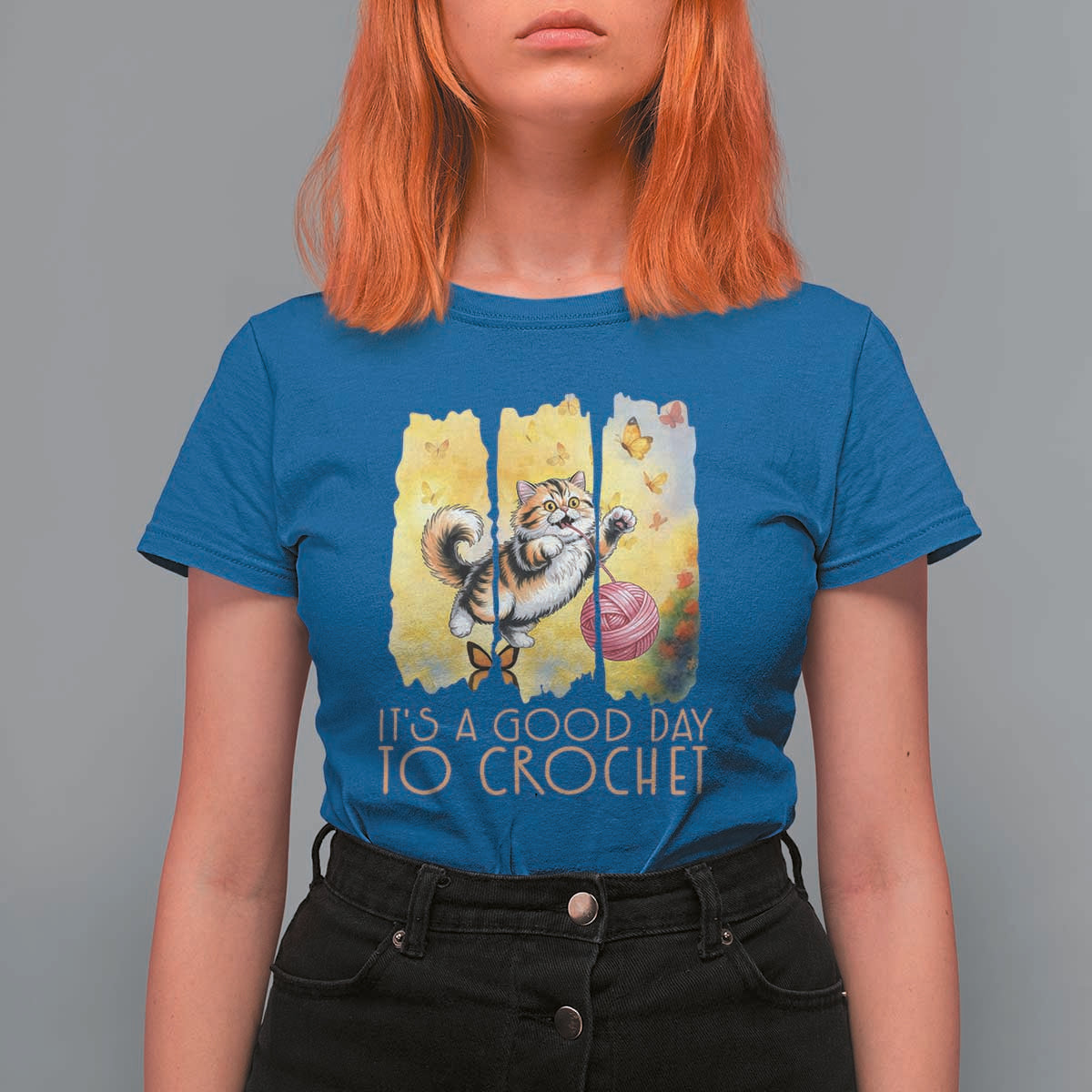 It’s A Good Day To Crochet T Shirt For Women Cute Cat Chasing Yarn - Wonder Print Shop