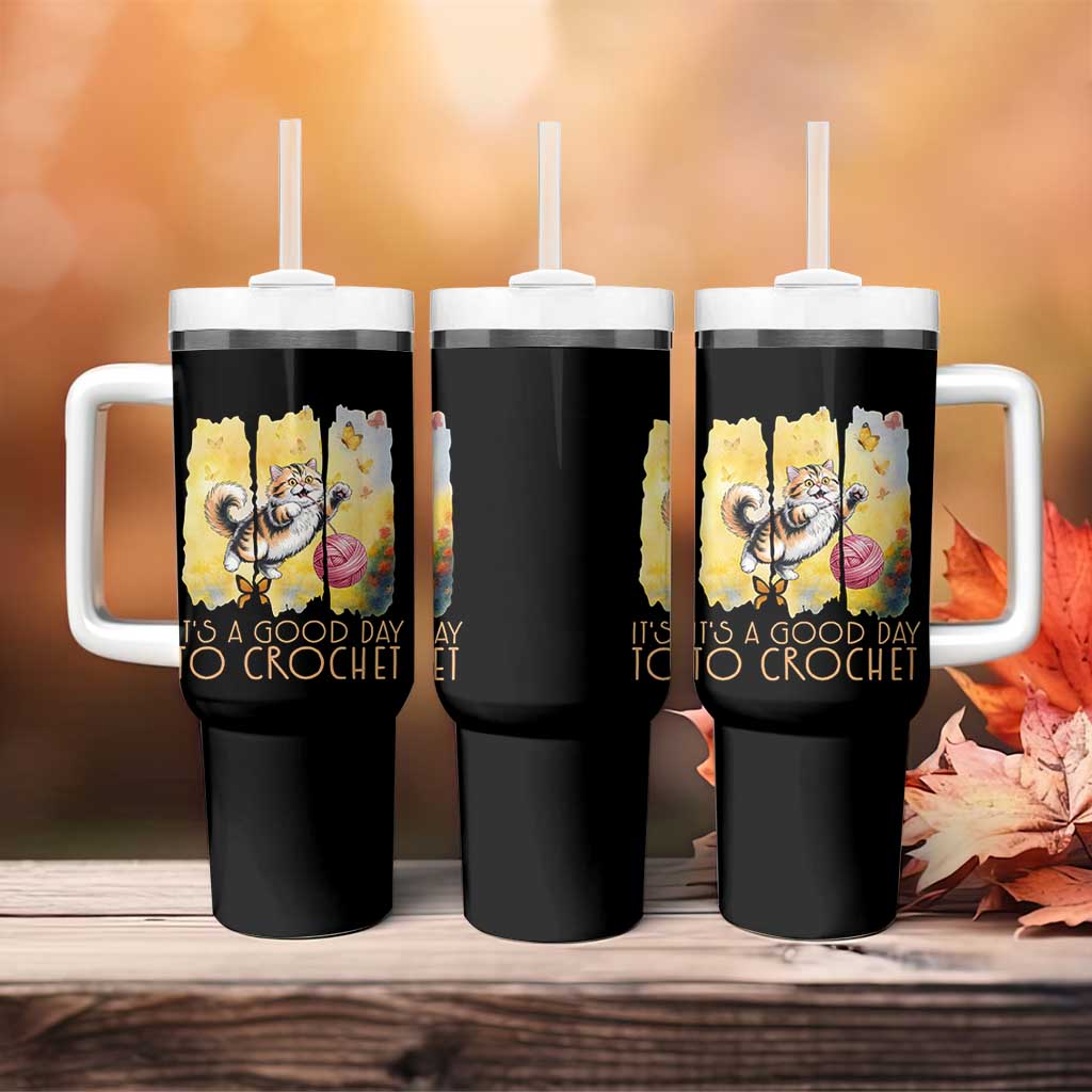 It’s A Good Day To Crochet Tumbler With Handle Cute Cat Chasing Yarn - Wonder Print Shop