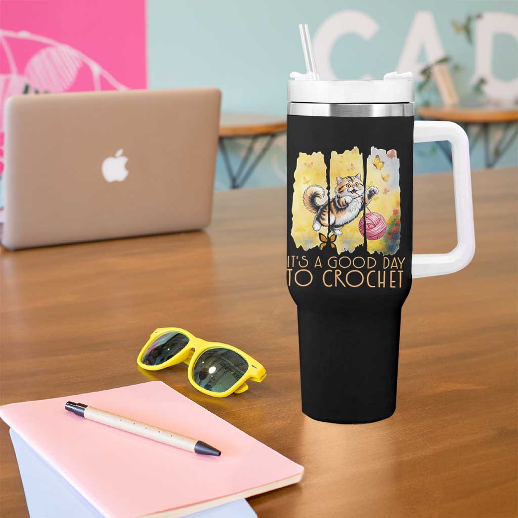 It’s A Good Day To Crochet Tumbler With Handle Cute Cat Chasing Yarn - Wonder Print Shop