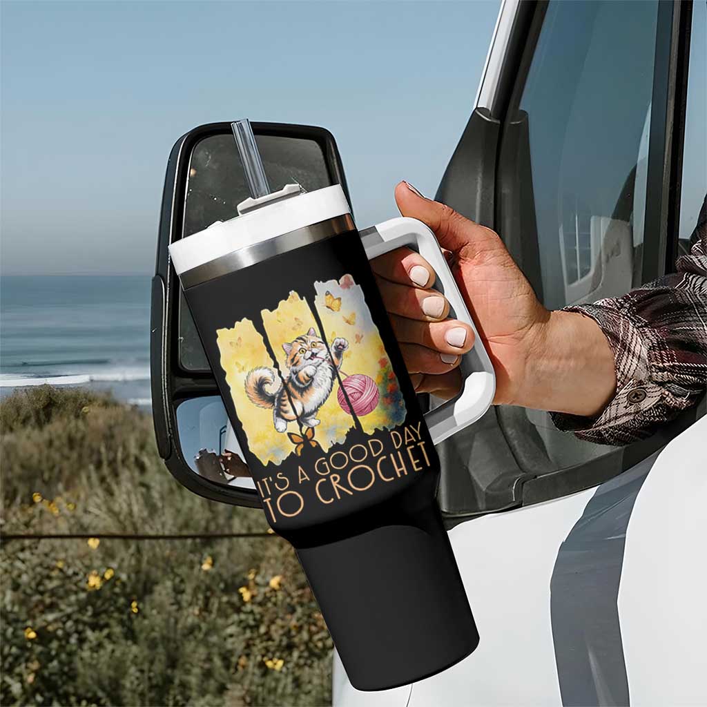 It’s A Good Day To Crochet Tumbler With Handle Cute Cat Chasing Yarn - Wonder Print Shop
