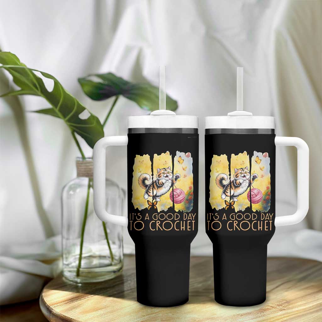 It’s A Good Day To Crochet Tumbler With Handle Cute Cat Chasing Yarn - Wonder Print Shop