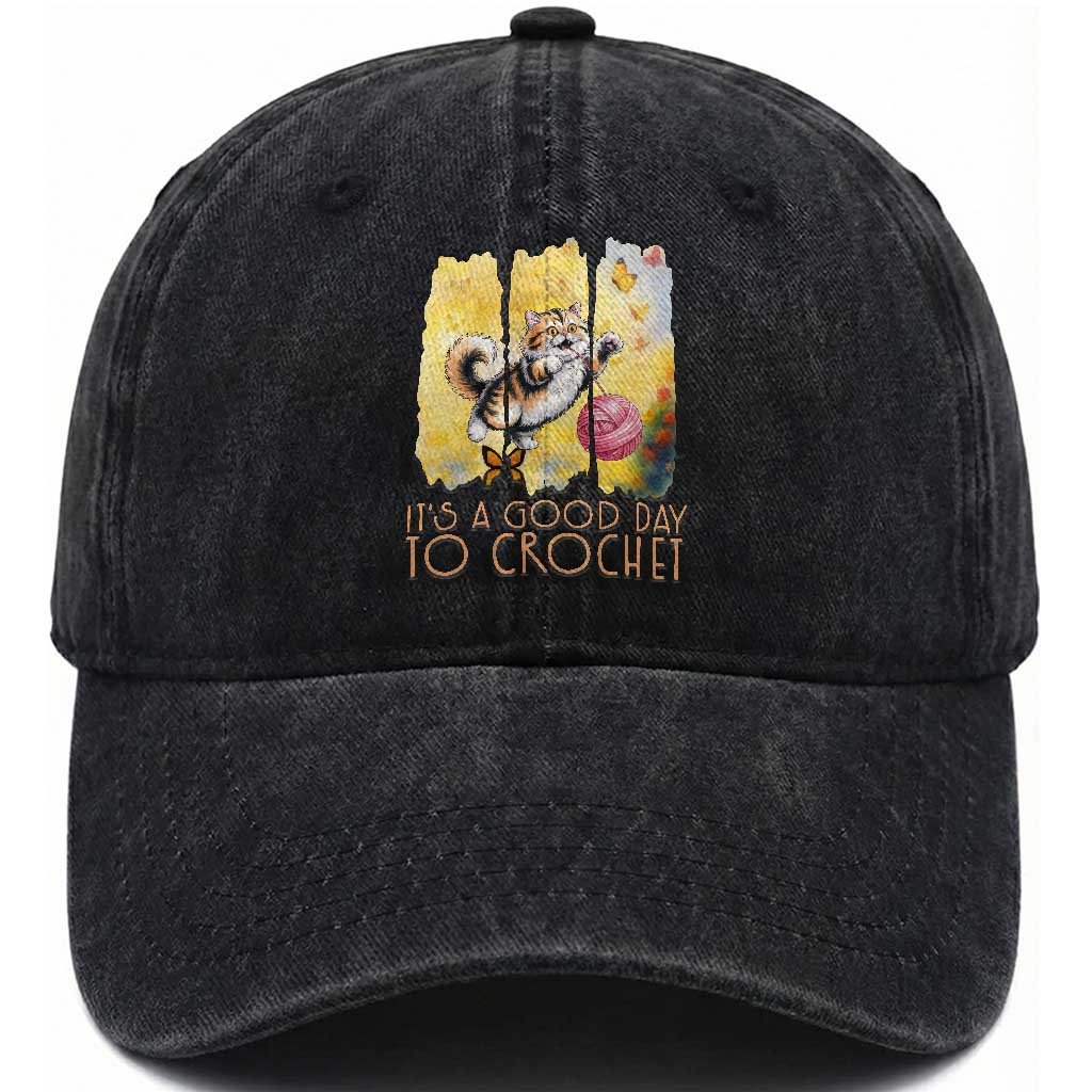 It’s A Good Day To Crochet Washed Cotton Baseball Cap Cute Cat Chasing Yarn