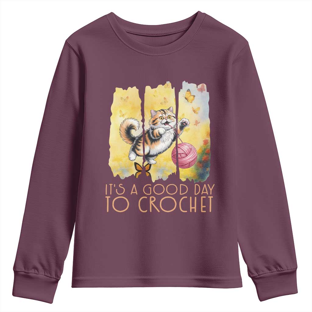 It’s A Good Day To Crochet Youth Sweatshirt Cute Cat Chasing Yarn - Wonder Print Shop