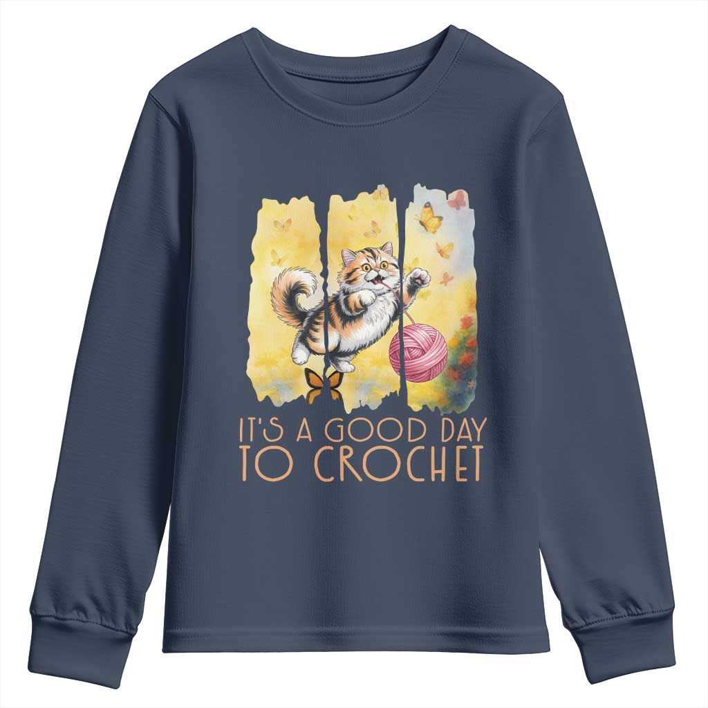 It’s A Good Day To Crochet Youth Sweatshirt Cute Cat Chasing Yarn - Wonder Print Shop