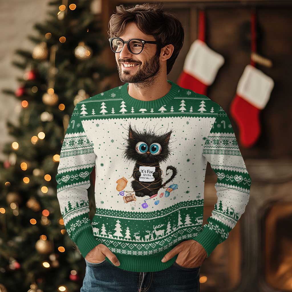 Funny Cat Crochet Lover Ugly Christmas Sweater Its Fine I am Fine Everything Is Fine - Wonder Print Shop