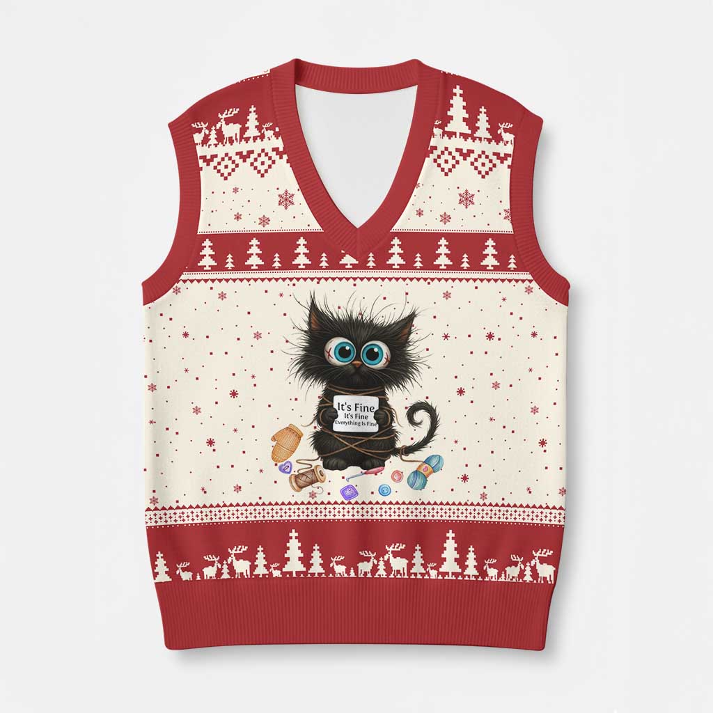Funny Cat Crochet Lover V-Neck Knit Sweater Vest Its Fine I am Fine Everything Is Fine - Wonder Print Shop