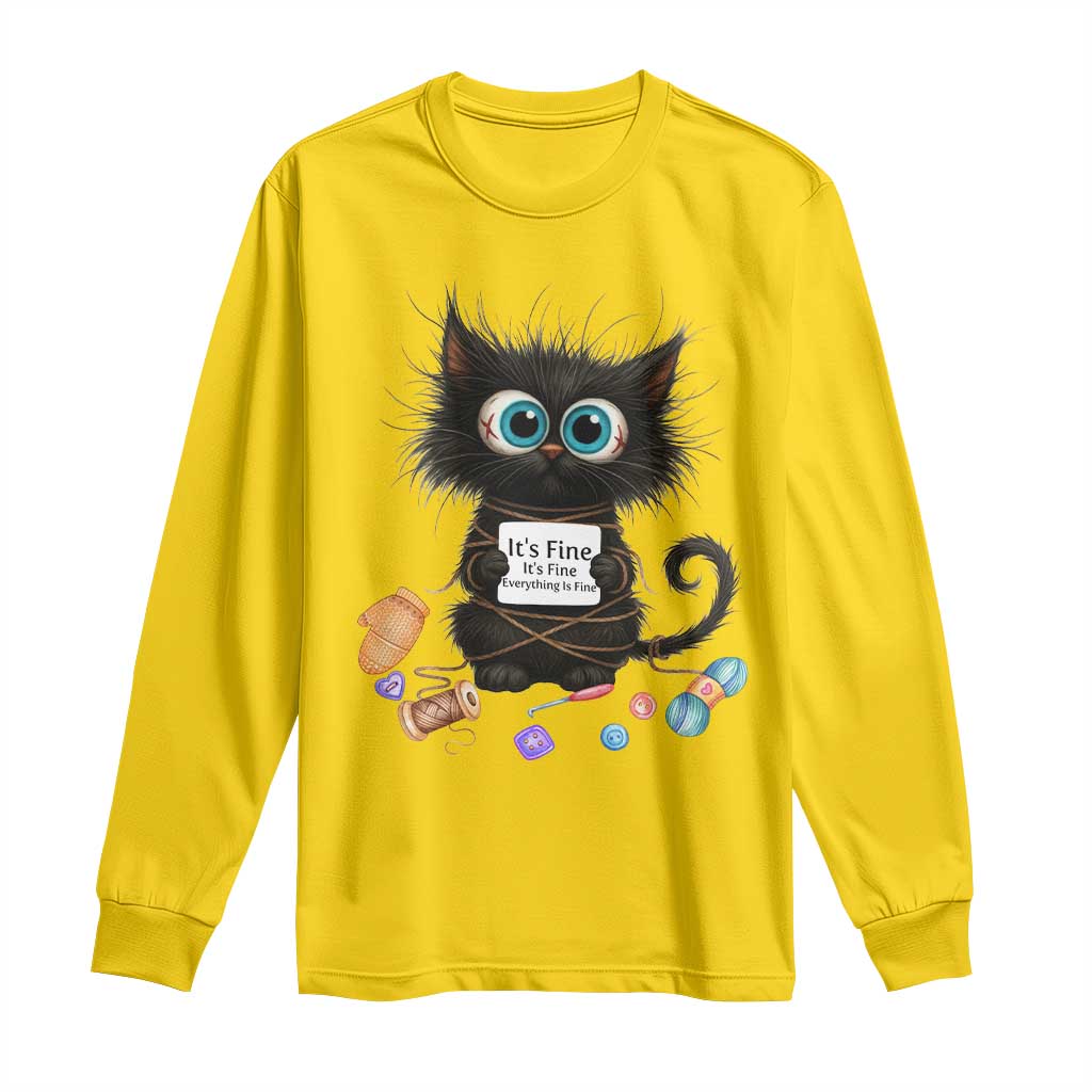 Funny Cat Crochet Lover Long Sleeve Shirt Its Fine I am Fine Everything Is Fine - Wonder Print Shop