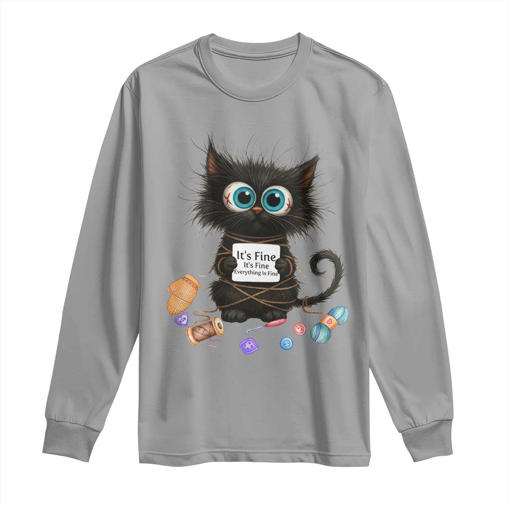 Funny Cat Crochet Lover Long Sleeve Shirt Its Fine I am Fine Everything Is Fine - Wonder Print Shop