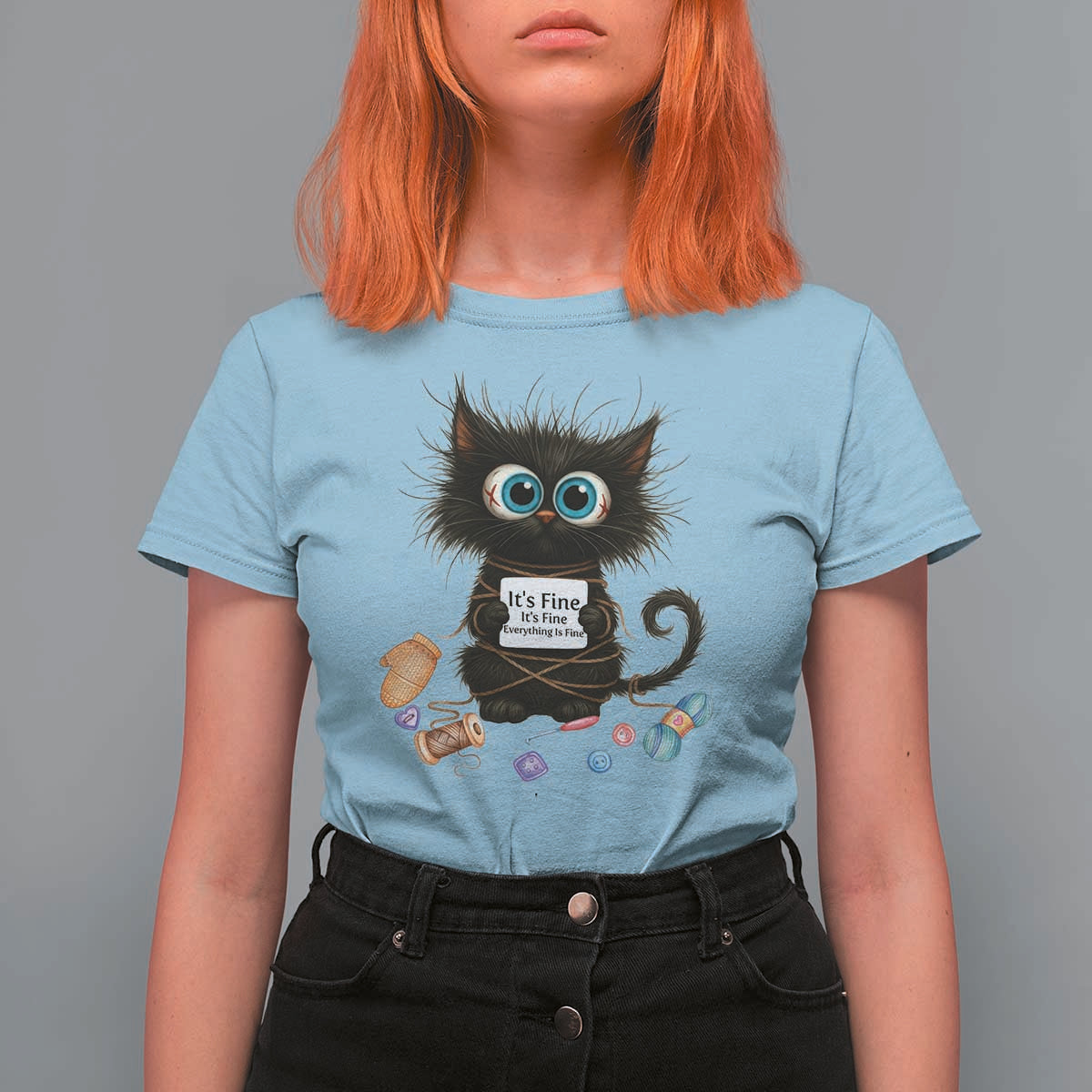 Funny Cat Crochet Lover T Shirt For Women Its Fine I am Fine Everything Is Fine - Wonder Print Shop
