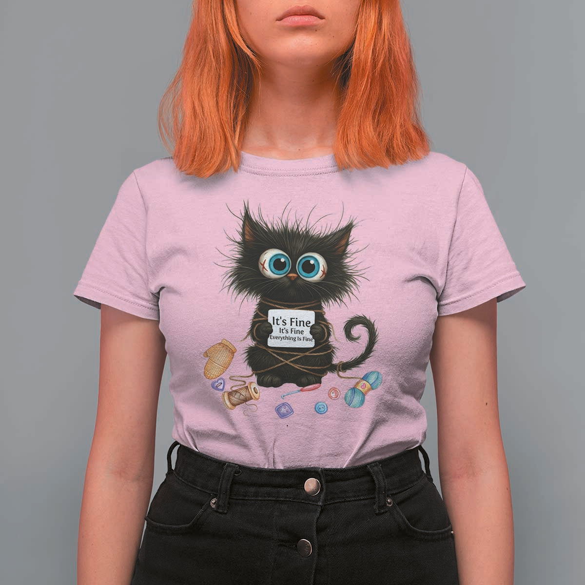 Funny Cat Crochet Lover T Shirt For Women Its Fine I am Fine Everything Is Fine - Wonder Print Shop