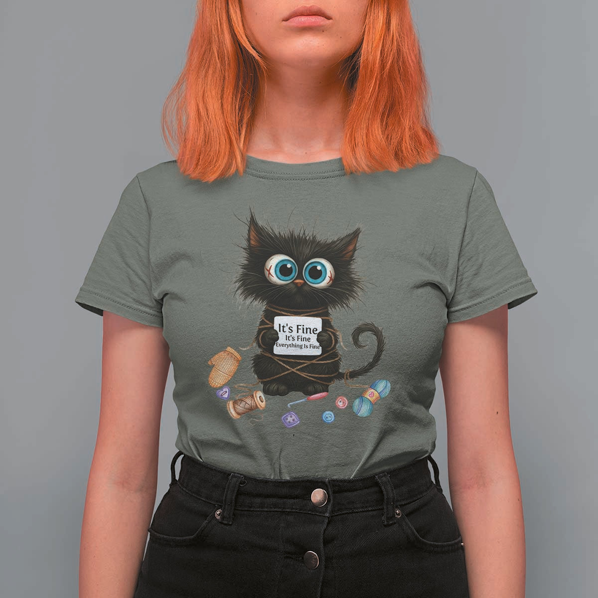 Funny Cat Crochet Lover T Shirt For Women Its Fine I am Fine Everything Is Fine - Wonder Print Shop