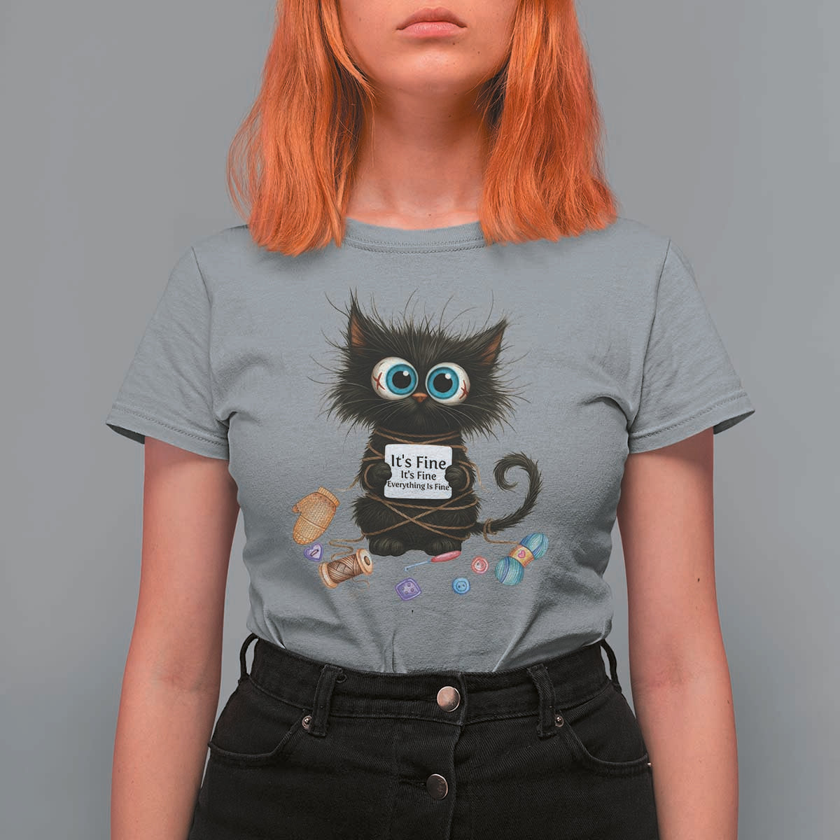 Funny Cat Crochet Lover T Shirt For Women Its Fine I am Fine Everything Is Fine - Wonder Print Shop