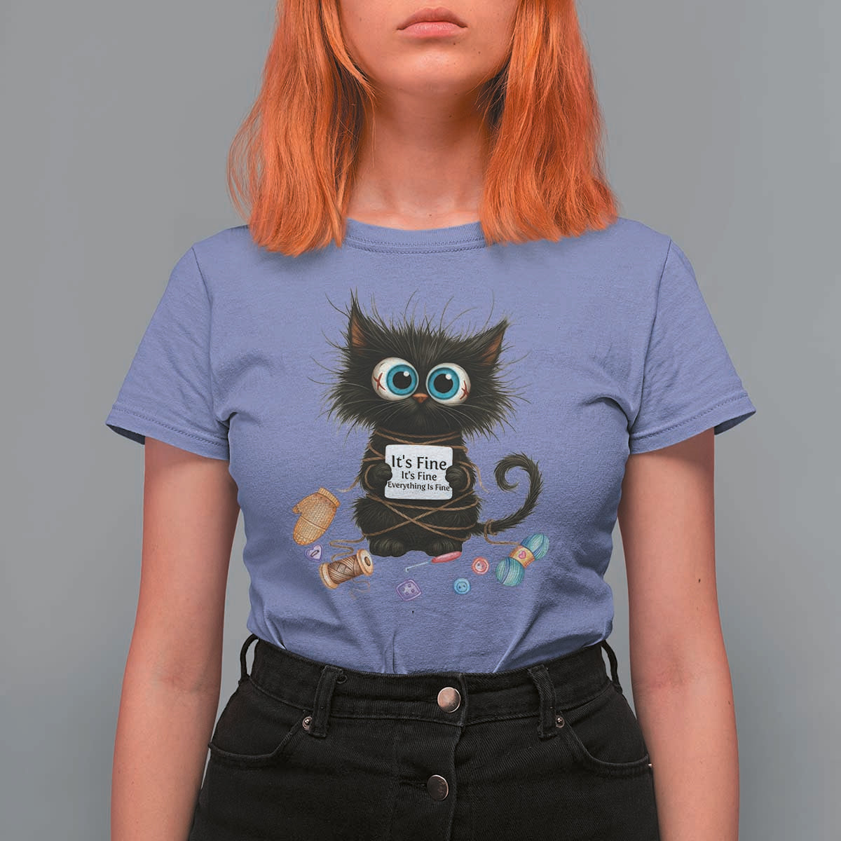 Funny Cat Crochet Lover T Shirt For Women Its Fine I am Fine Everything Is Fine - Wonder Print Shop
