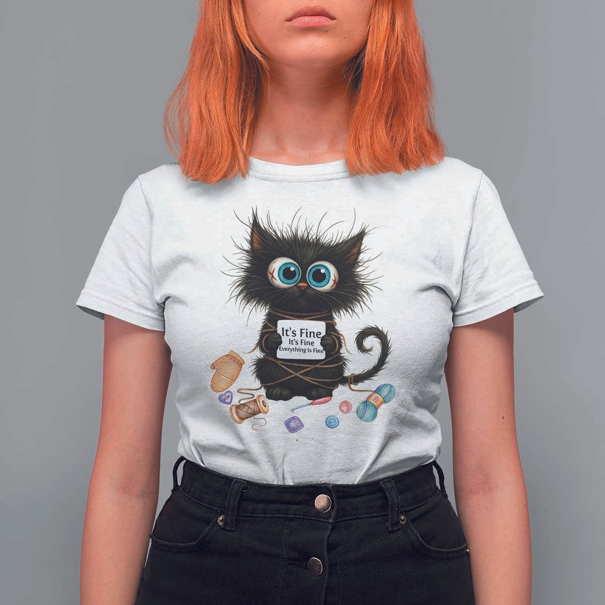 Funny Cat Crochet Lover T Shirt For Women Its Fine I am Fine Everything Is Fine - Wonder Print Shop